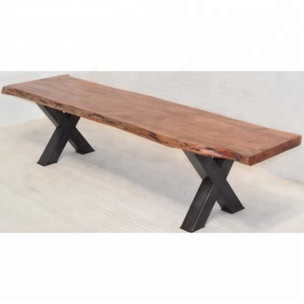 Live Edge Solid Natural Acacia Wooden Industrial Metal Cross Leg Seating Bench Dining Restaurant Canteen