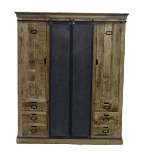 Mango Wooden Iron Sliding Door Wooden Multi Drawer Utility Bedroom Home Living Room Office Wardrobe Storage Cabinet