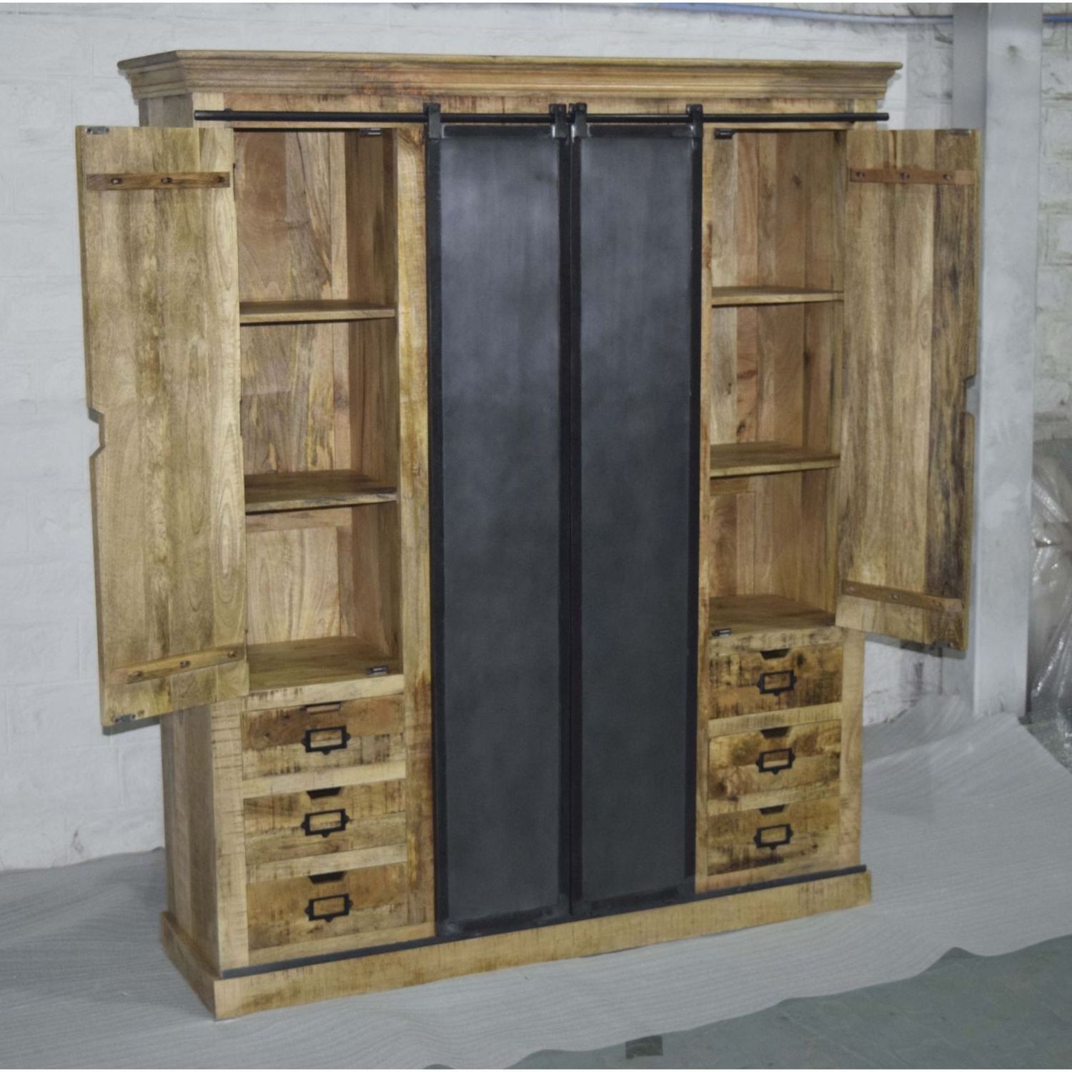 Mango Wooden Iron Sliding Door Wooden Multi Drawer Utility Bedroom Home Living Room Office Wardrobe Storage Cabinet