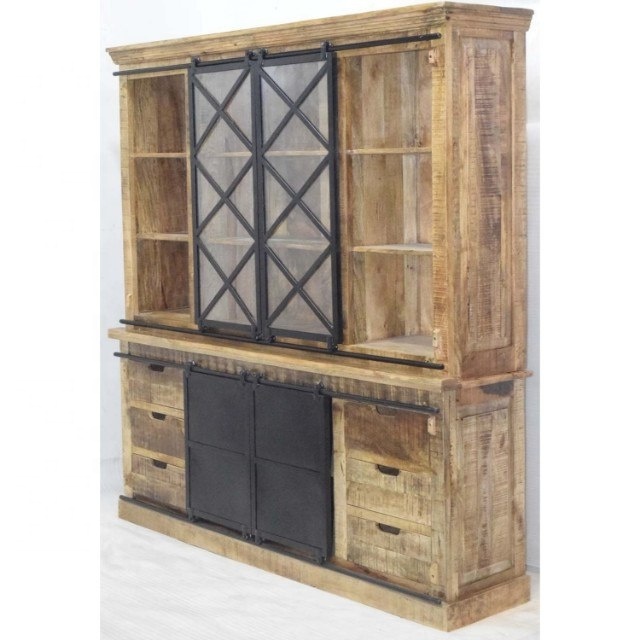 Big Size Mango Wooden Glass Iron Door Double Hutch Buffet Living Room Display Storage Cabinet