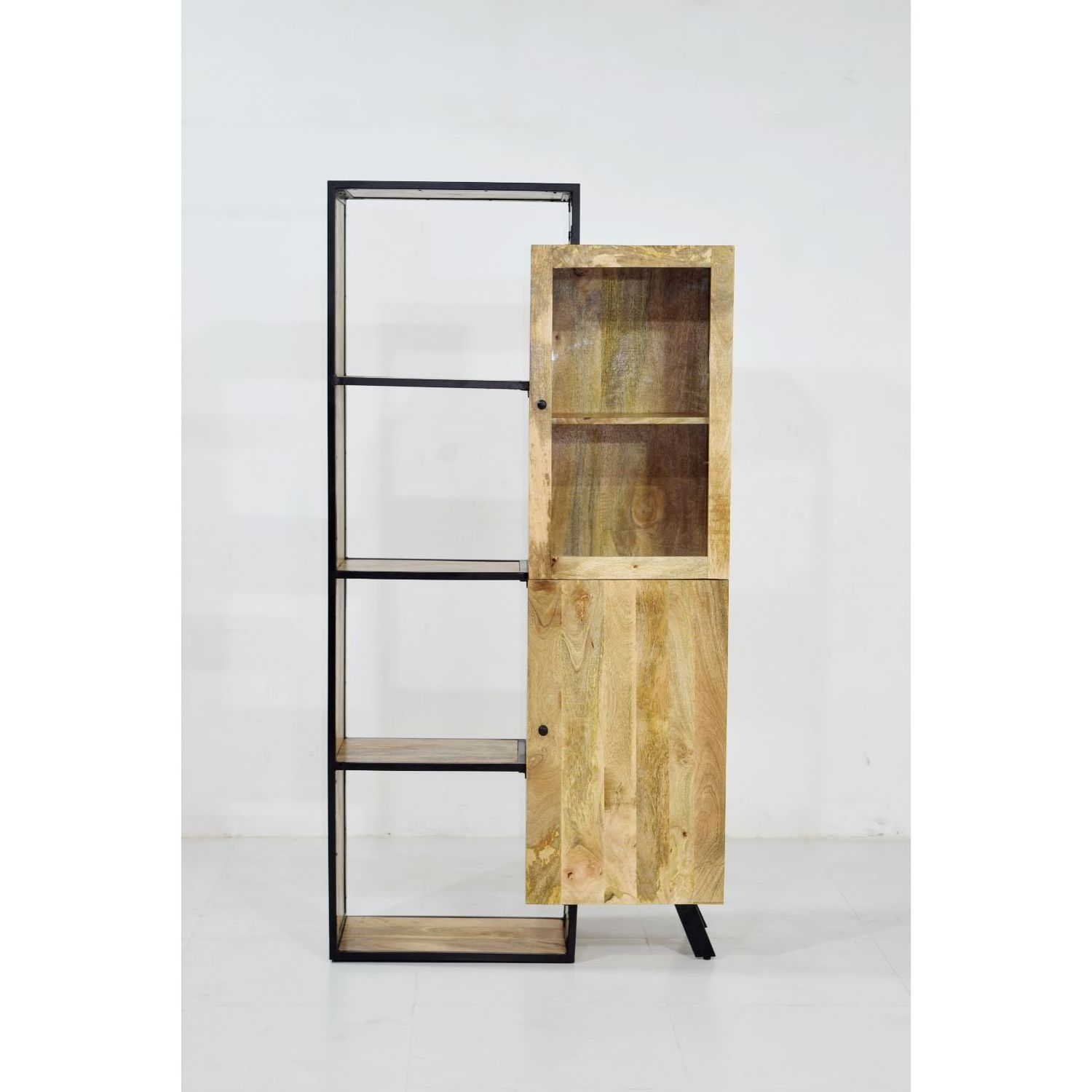 Modern Mango Wooden Display Showcase Shelf Glass Door Storage Cabinet Contemporary Unique Style For Homes