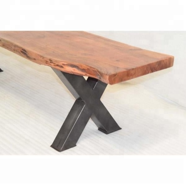 Live Edge Solid Natural Acacia Wooden Industrial Metal Cross Leg Seating Bench Dining Restaurant Canteen