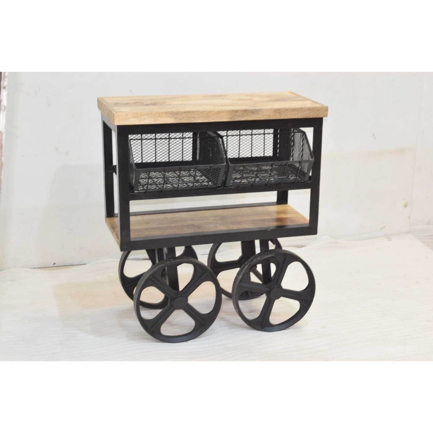 Industrial Antique American Cast Iron Wheels Iron Mesh Drawer Shelf Display Showcase Storage Retail Store Kitchen Trolley