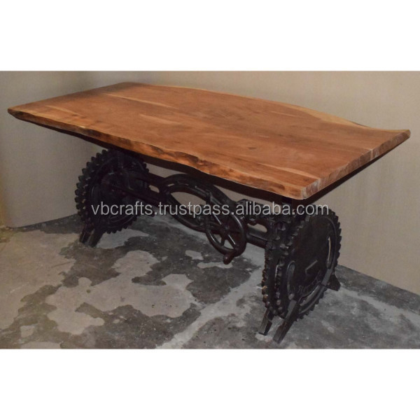 Live Edge Acacia Top  Cast Iron Wheel Base Crank Hand Adjustable Hand Lifting Cafe Restaurant   Dining Table