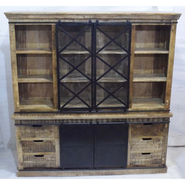 Big Size Mango Wooden Glass Iron Door Double Hutch Buffet Living Room Display Storage Cabinet