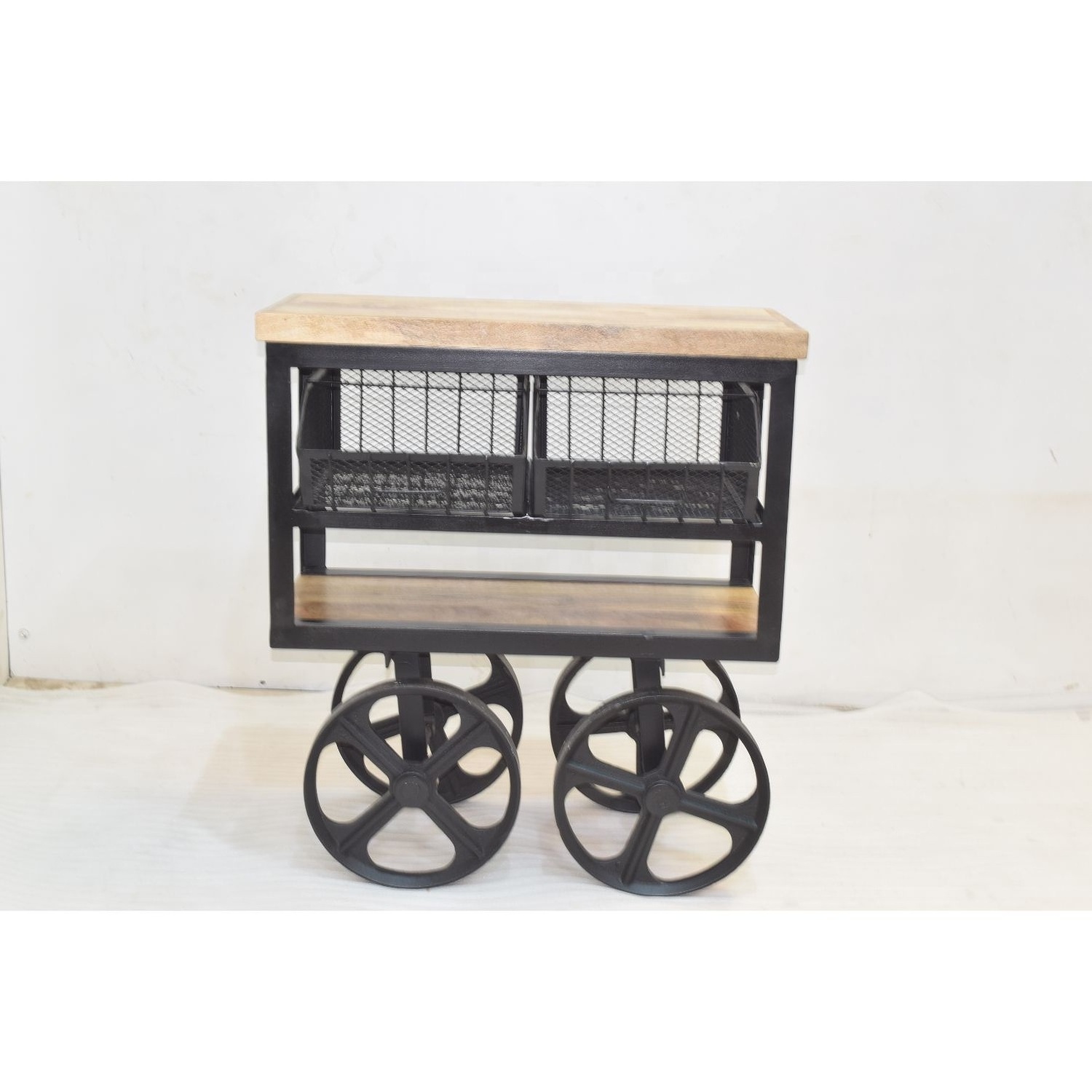 Industrial Antique American Cast Iron Wheels Iron Mesh Drawer Shelf Display Showcase Storage Retail Store Kitchen Trolley