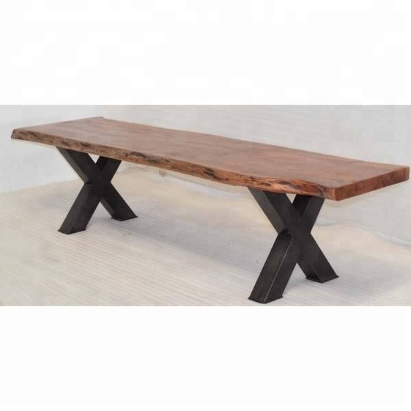 Live Edge Solid Natural Acacia Wooden Industrial Metal Cross Leg Seating Bench Dining Restaurant Canteen