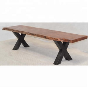 Live Edge Solid Natural Acacia Wooden Industrial Metal Cross Leg Seating Bench Dining Restaurant Canteen