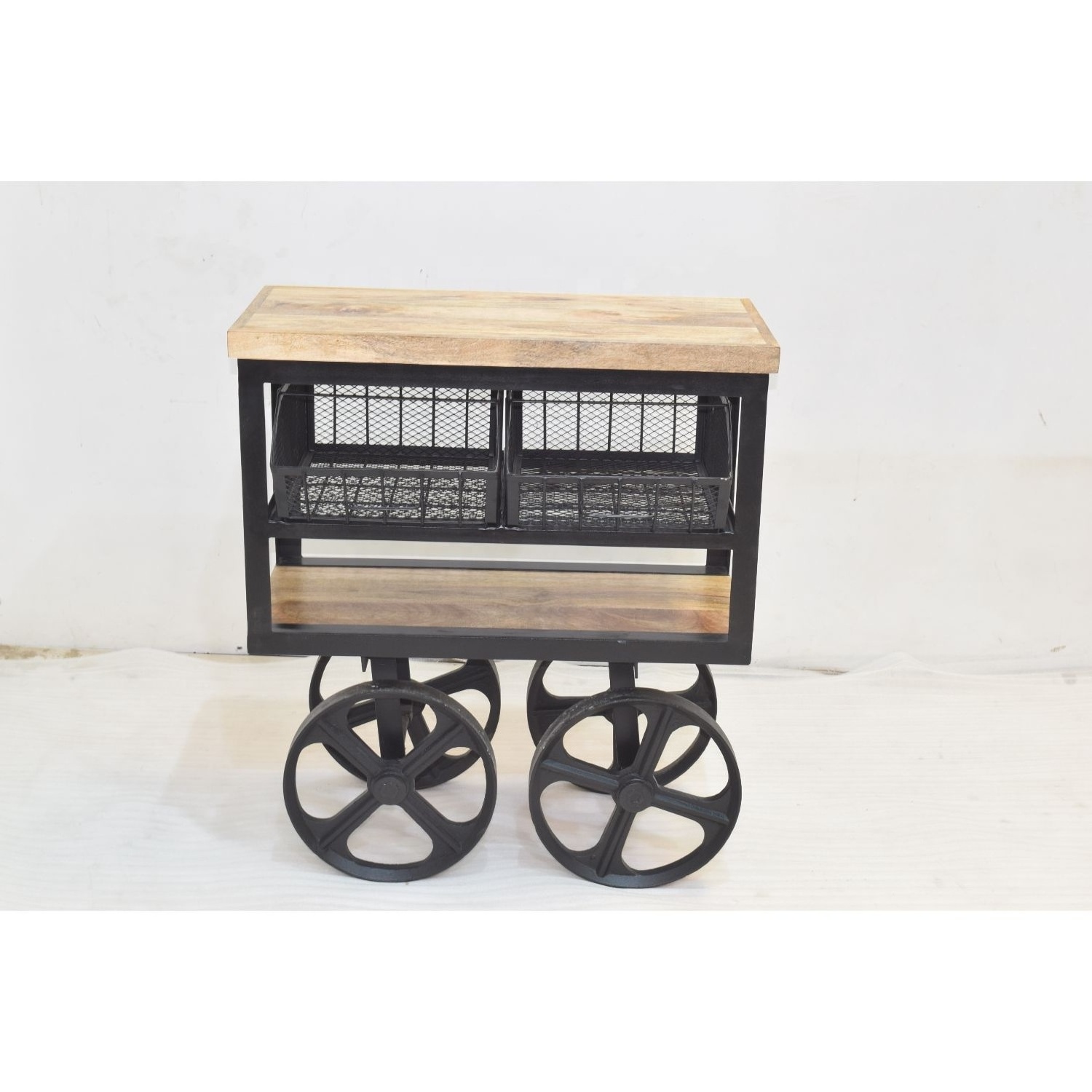 Industrial Antique American Cast Iron Wheels Iron Mesh Drawer Shelf Display Showcase Storage Retail Store Kitchen Trolley