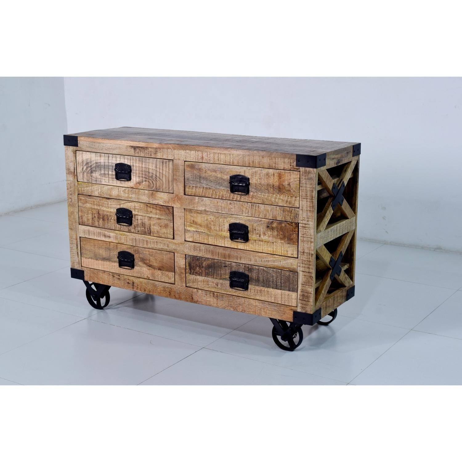 Solid Mango Wooden Cast Iron Wheels Industrial Vintage Style Chest Of Drawer Storage Tools Kitchen Office Dining Home Living