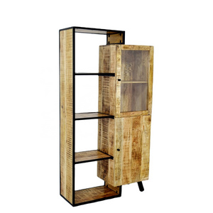 Modern Mango Wooden Display Showcase Shelf Glass Door Storage Cabinet Contemporary Unique Style For Homes