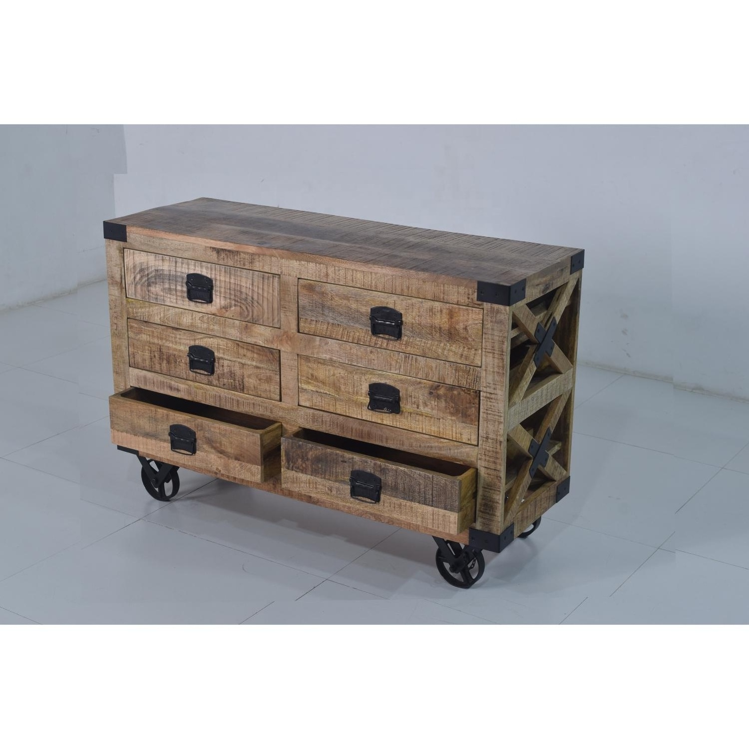 Solid Mango Wooden Cast Iron Wheels Industrial Vintage Style Chest Of Drawer Storage Tools Kitchen Office Dining Home Living