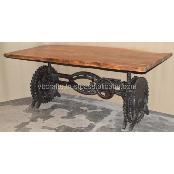 Live Edge Acacia Top  Cast Iron Wheel Base Crank Hand Adjustable Hand Lifting Cafe Restaurant   Dining Table