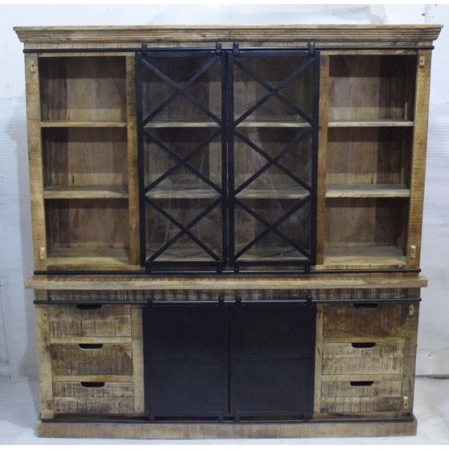 Big Size Mango Wooden Glass Iron Door Double Hutch Buffet Living Room Display Storage Cabinet