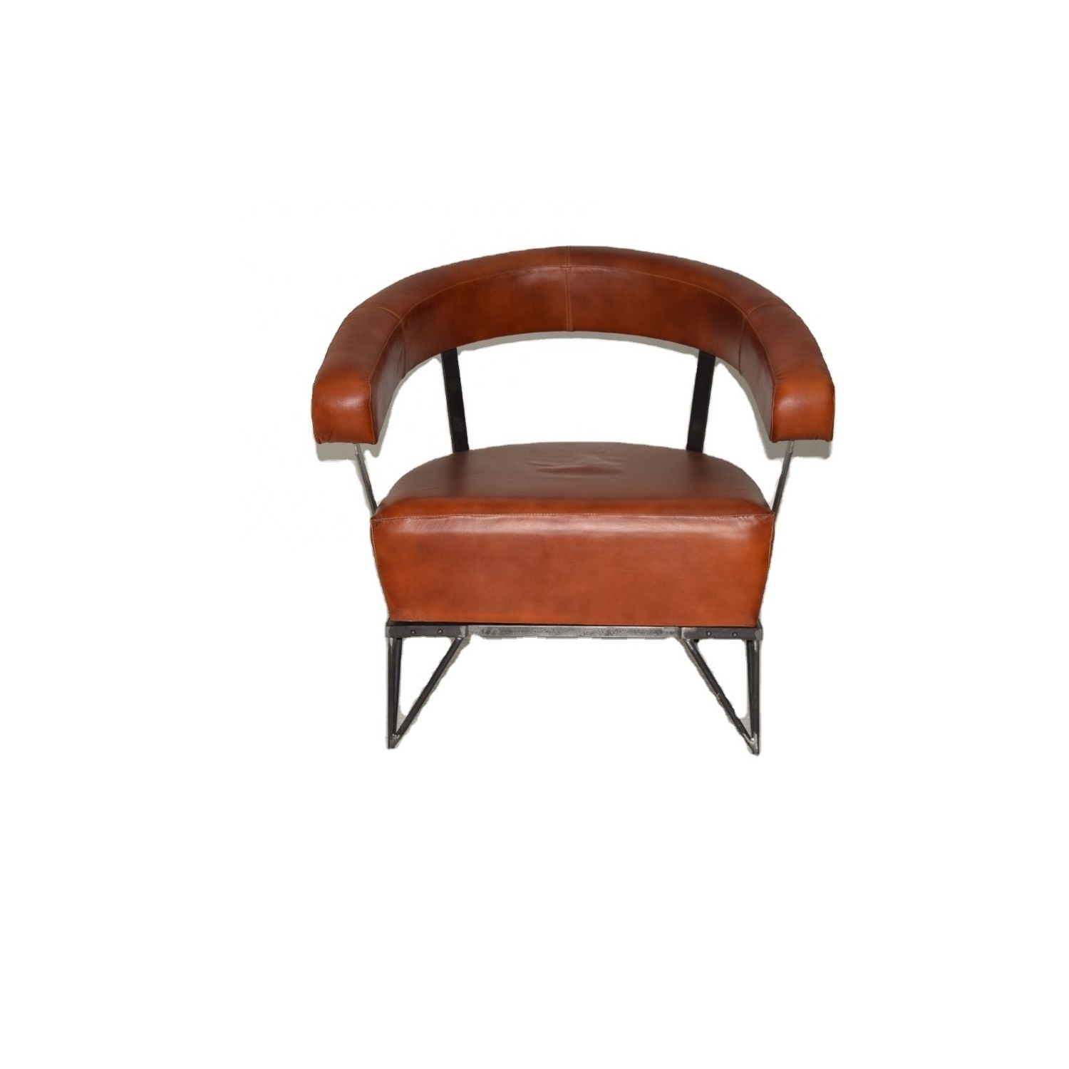 Unique Industrial Antique Style Iron Thick Leather Seat Lounge Low Height  Chair Club Cafe Reception