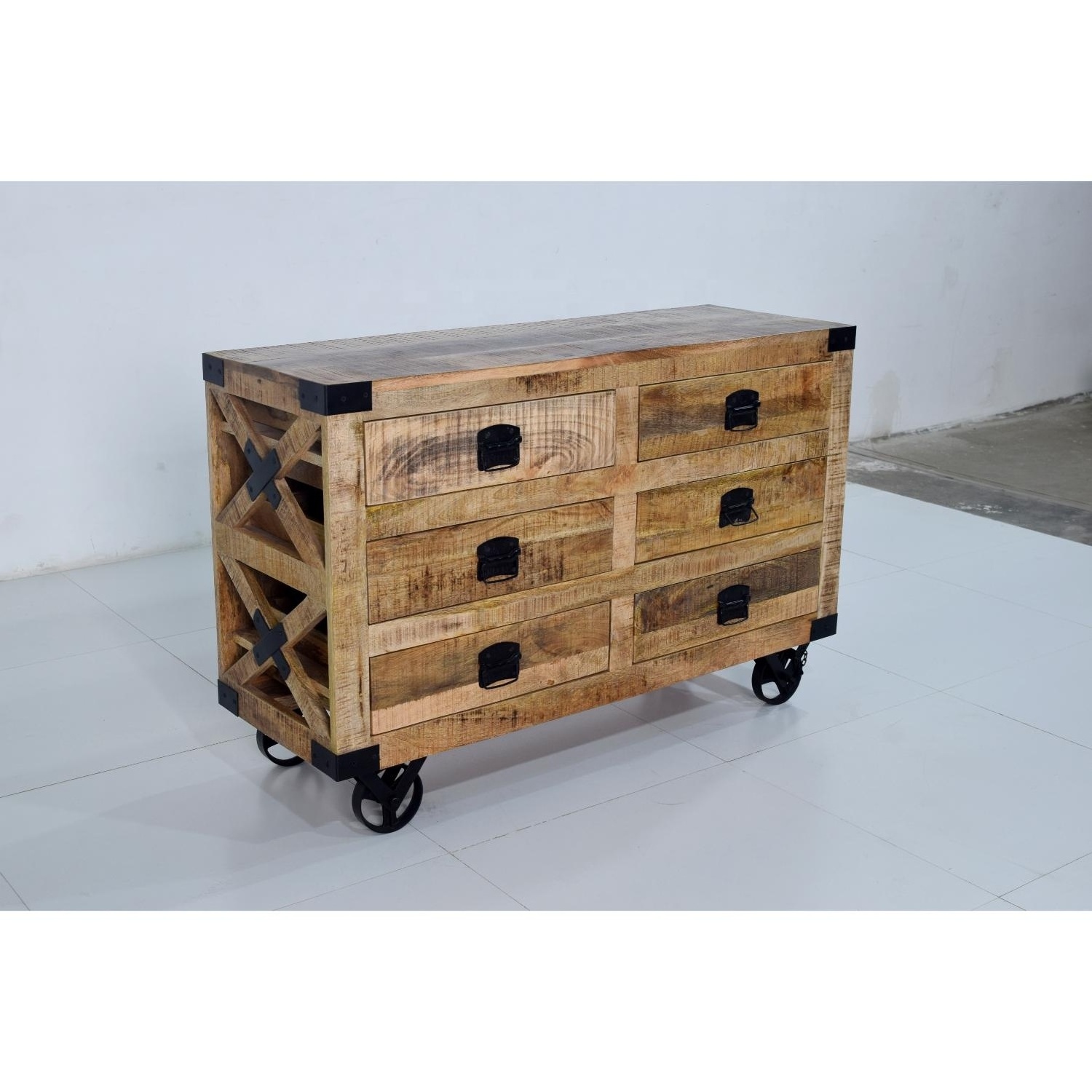 Solid Mango Wooden Cast Iron Wheels Industrial Vintage Style Chest Of Drawer Storage Tools Kitchen Office Dining Home Living