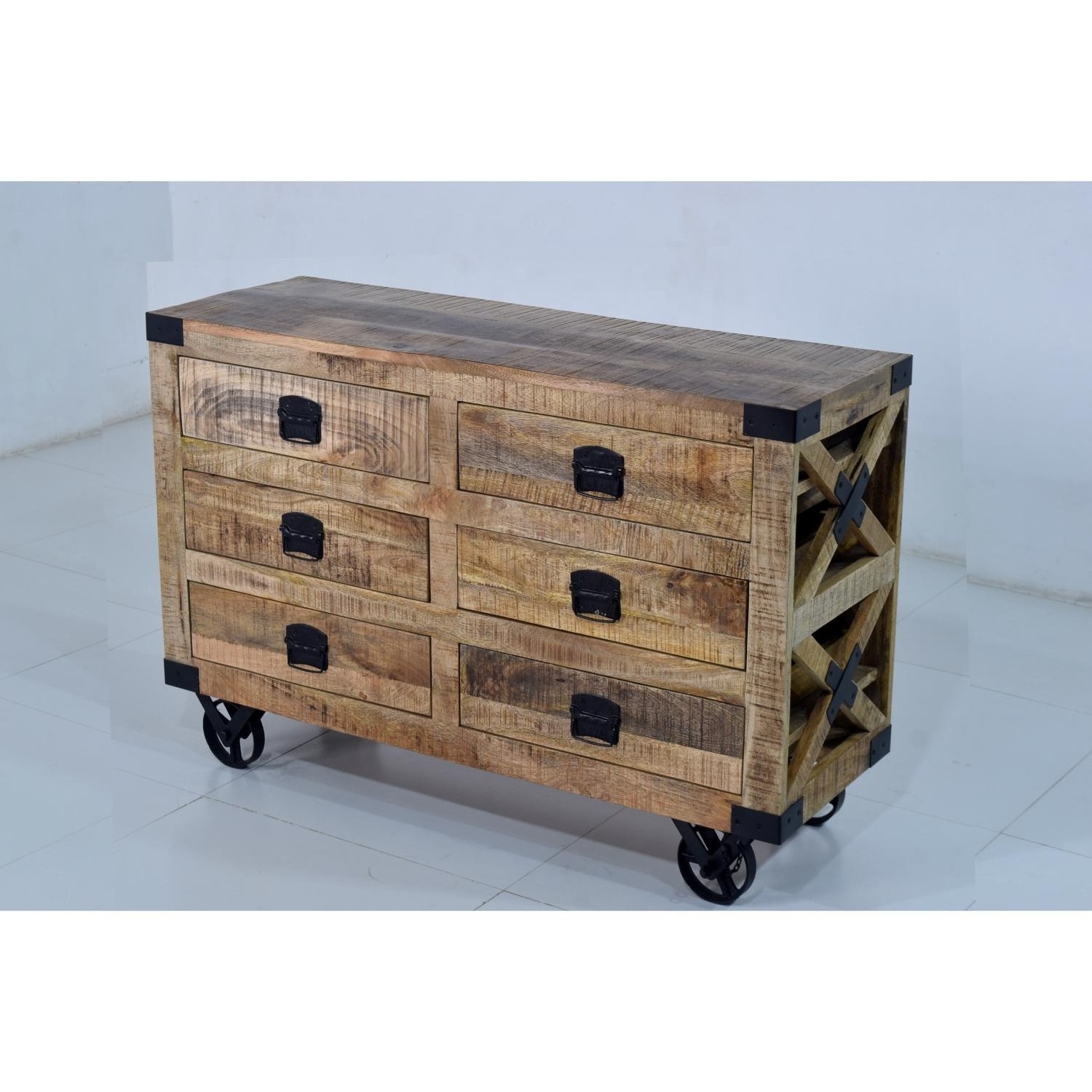 Solid Mango Wooden Cast Iron Wheels Industrial Vintage Style Chest Of Drawer Storage Tools Kitchen Office Dining Home Living