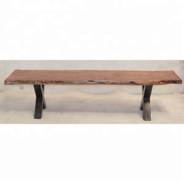 Live Edge Solid Natural Acacia Wooden Industrial Metal Cross Leg Seating Bench Dining Restaurant Canteen