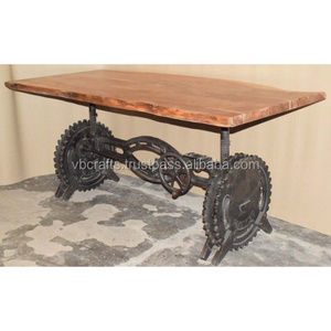 Live Edge Acacia Top  Cast Iron Wheel Base Crank Hand Adjustable Hand Lifting Cafe Restaurant   Dining Table