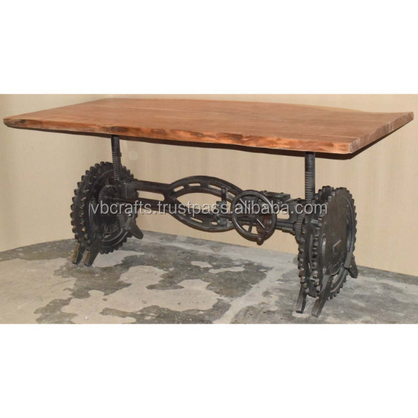 Live Edge Acacia Top  Cast Iron Wheel Base Crank Hand Adjustable Hand Lifting Cafe Restaurant   Dining Table