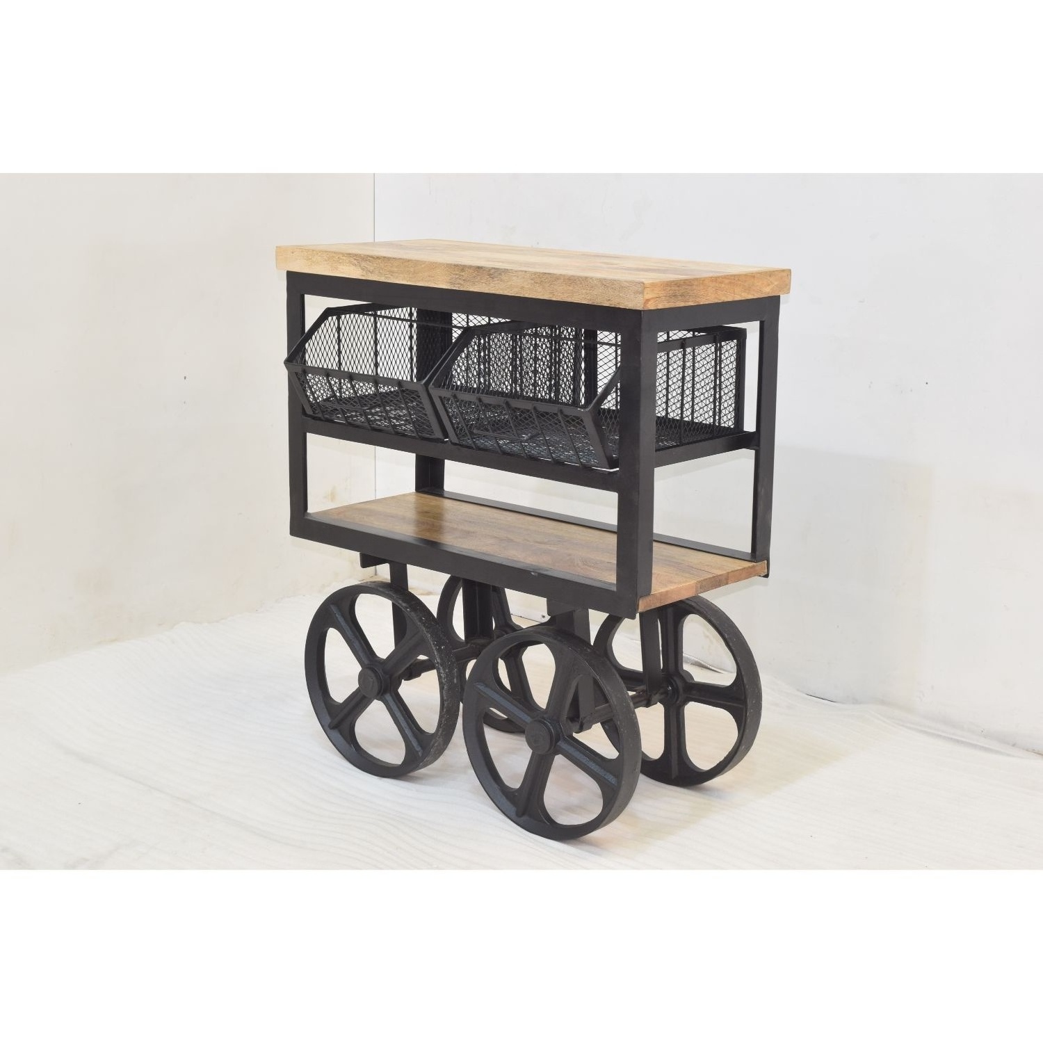 Industrial Antique American Cast Iron Wheels Iron Mesh Drawer Shelf Display Showcase Storage Retail Store Kitchen Trolley