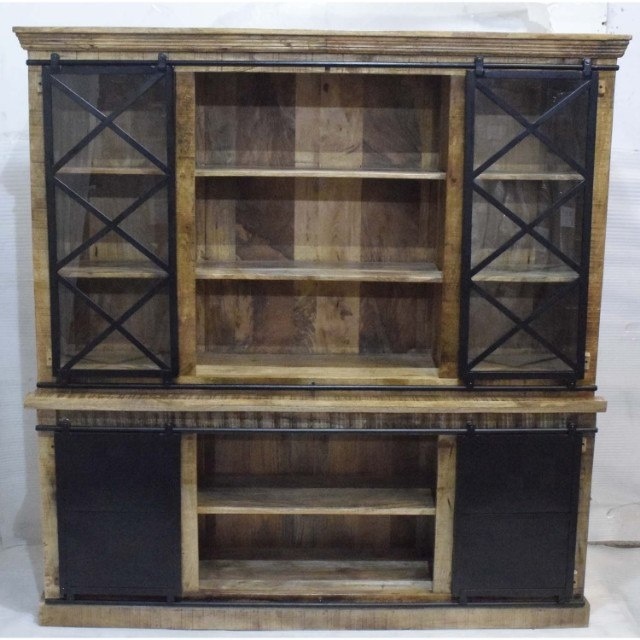 Big Size Mango Wooden Glass Iron Door Double Hutch Buffet Living Room Display Storage Cabinet