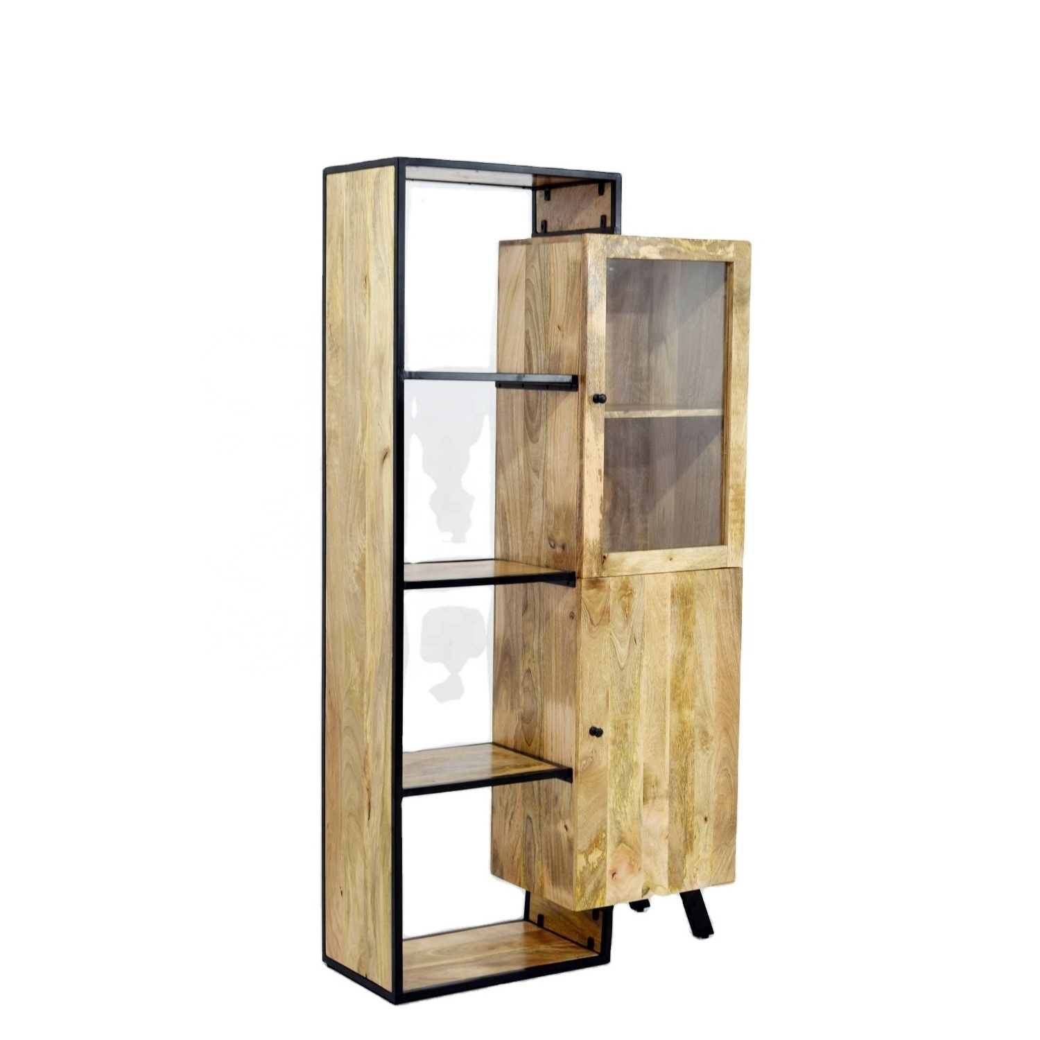 Modern Mango Wooden Display Showcase Shelf Glass Door Storage Cabinet Contemporary Unique Style For Homes