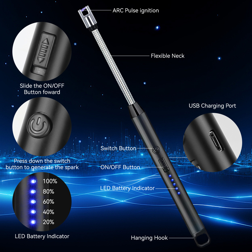 Candle Lighter,Flameless Windproof,LED Battery Display,Safety Switch,Bendable Arc Lighter with USB Charging,for Candles,BBQ