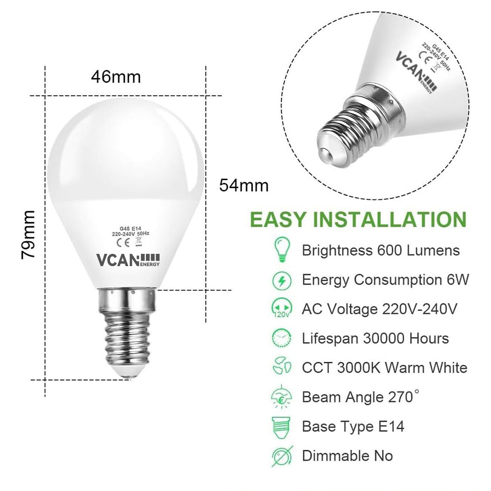 VCAN E14 LED Golf Ball Light Bulbs 6W G45 LED Bulb Warm White 3000K 600LM No Dimmable Edison Led Bulb