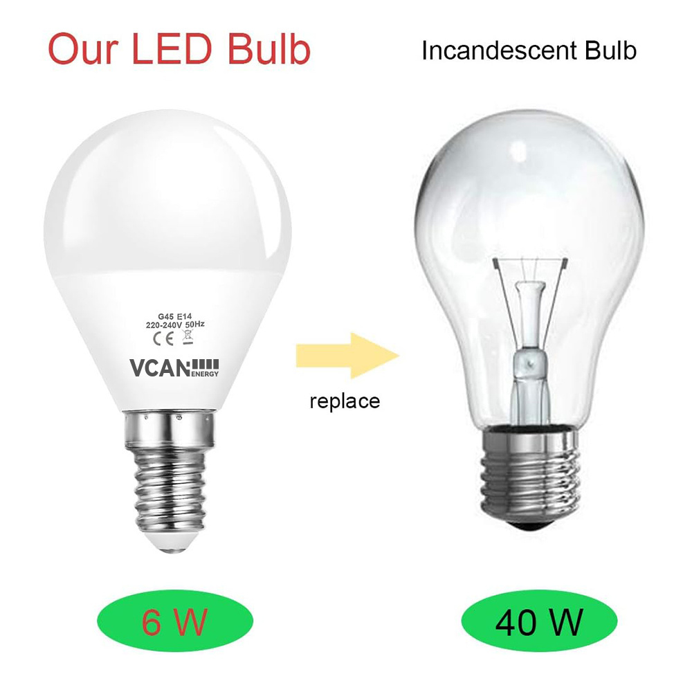 VCAN E14 LED Golf Ball Light Bulbs 6W G45 LED Bulb Warm White 3000K 600LM No Dimmable Edison Led Bulb