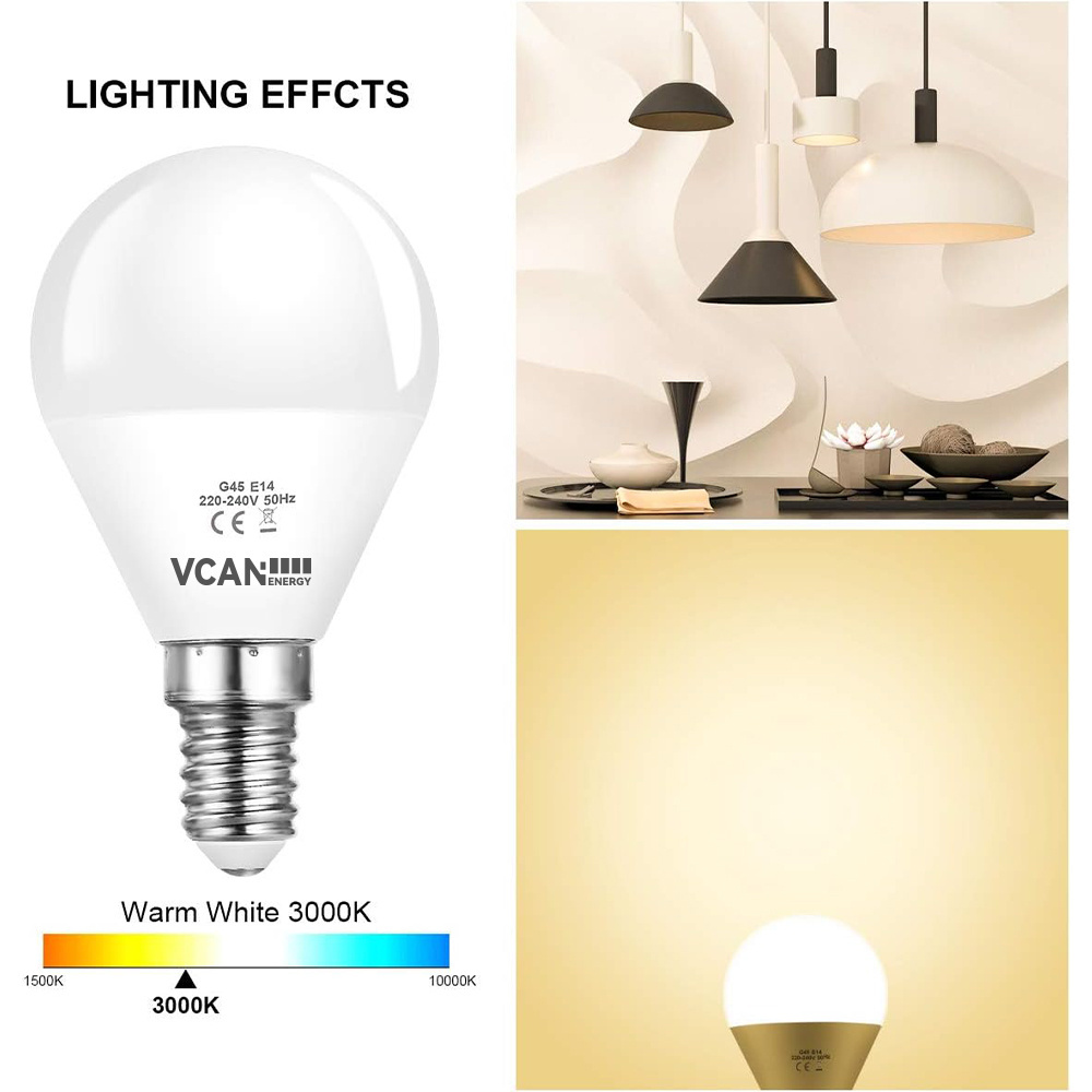 VCAN E14 LED Golf Ball Light Bulbs 6W G45 LED Bulb Warm White 3000K 600LM No Dimmable Edison Led Bulb