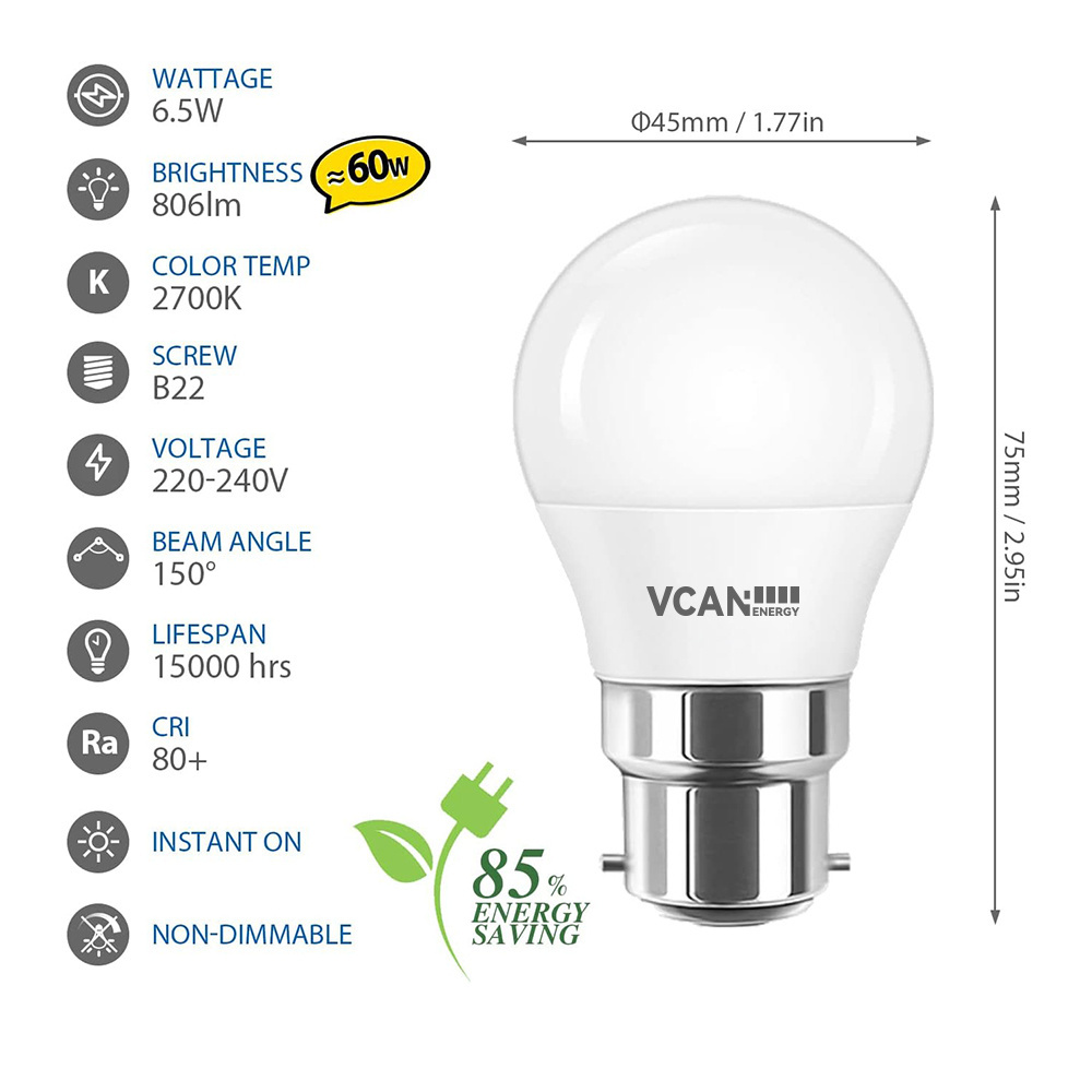 VCAN 6.5W B22 Golfball LED Light Bulbs 60W Equivalent 806Lm 2700K Warm White Small B22 Bulb Energy Saving Non-Dimmable Led Bulb