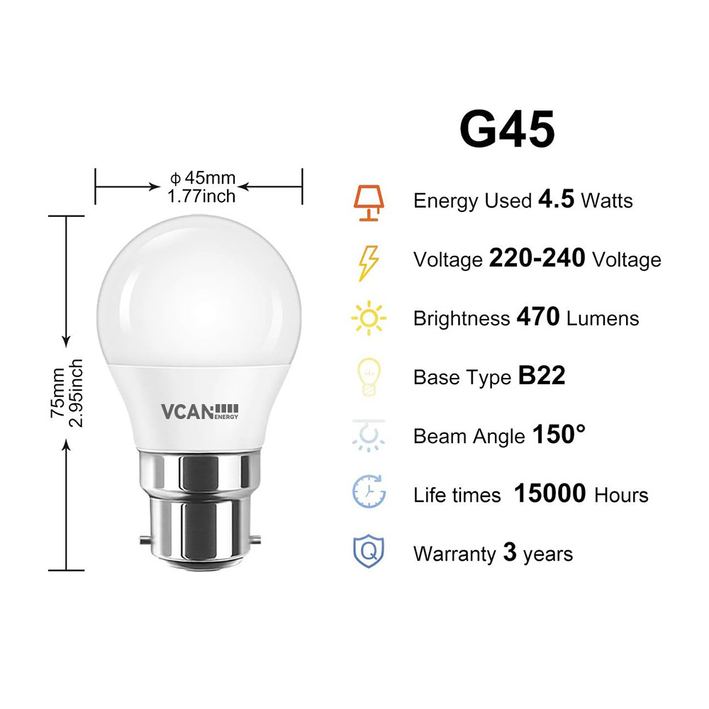 VCAN B22 LED Light Bulbs Golf Ball Led Bulbs Bayonet 40W Equivalent 4.5W 470LM 2700K Warm White Led Bulb B22