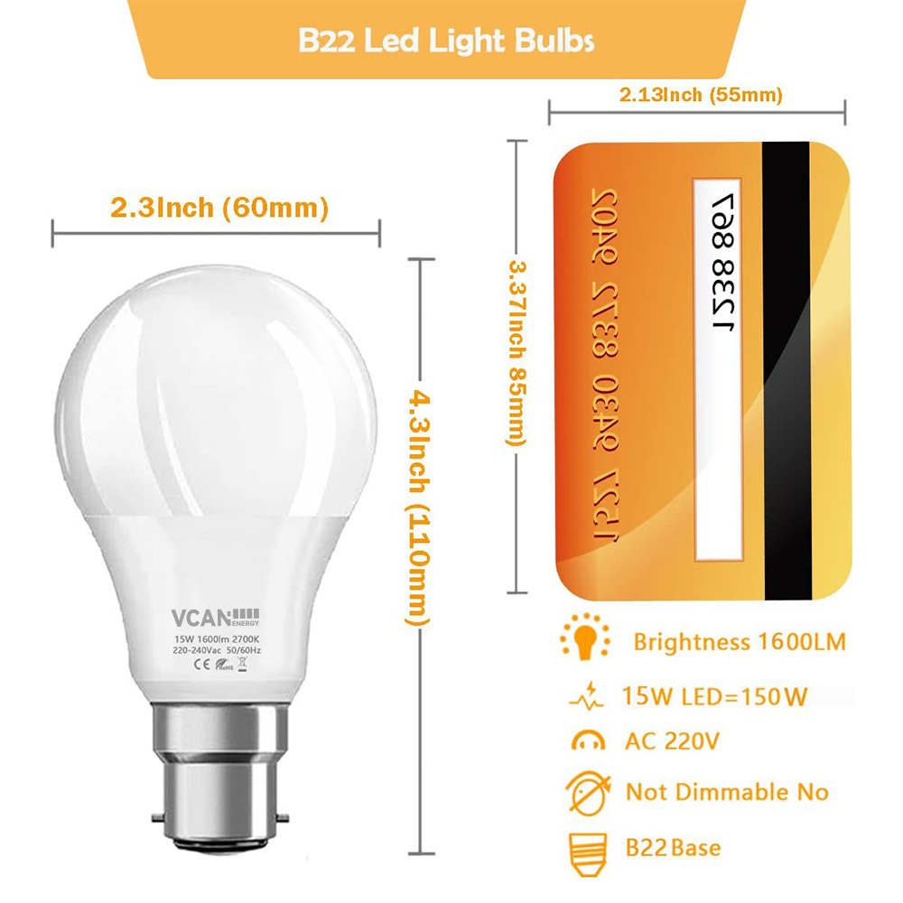 VCAN B22 LED Light Bulbs 150 Watt Equivalent 15W A60 Super Bright 1600LM Daylight 6000K BC Energy Saving Bulbs