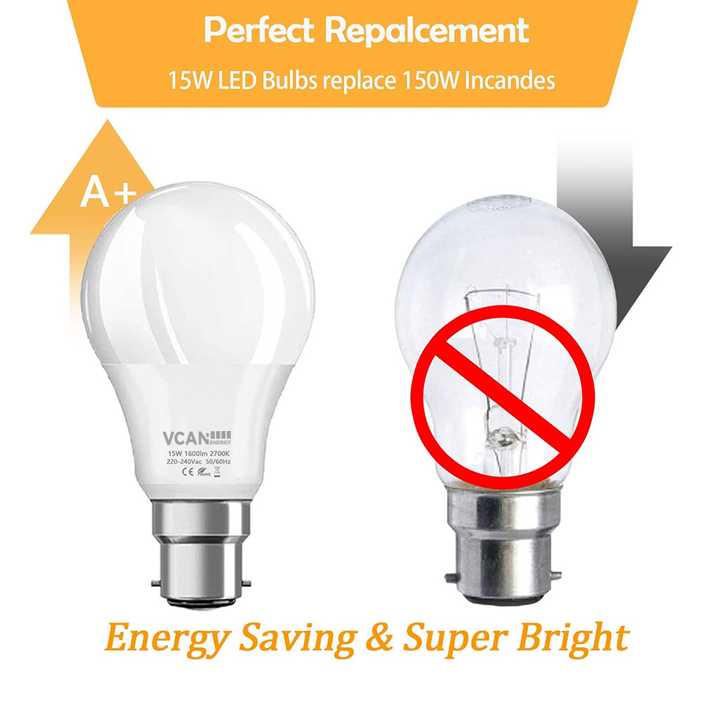 VCAN B22 LED Light Bulbs 150 Watt Equivalent 15W A60 Super Bright 1600LM Daylight 6000K BC Energy Saving Bulbs