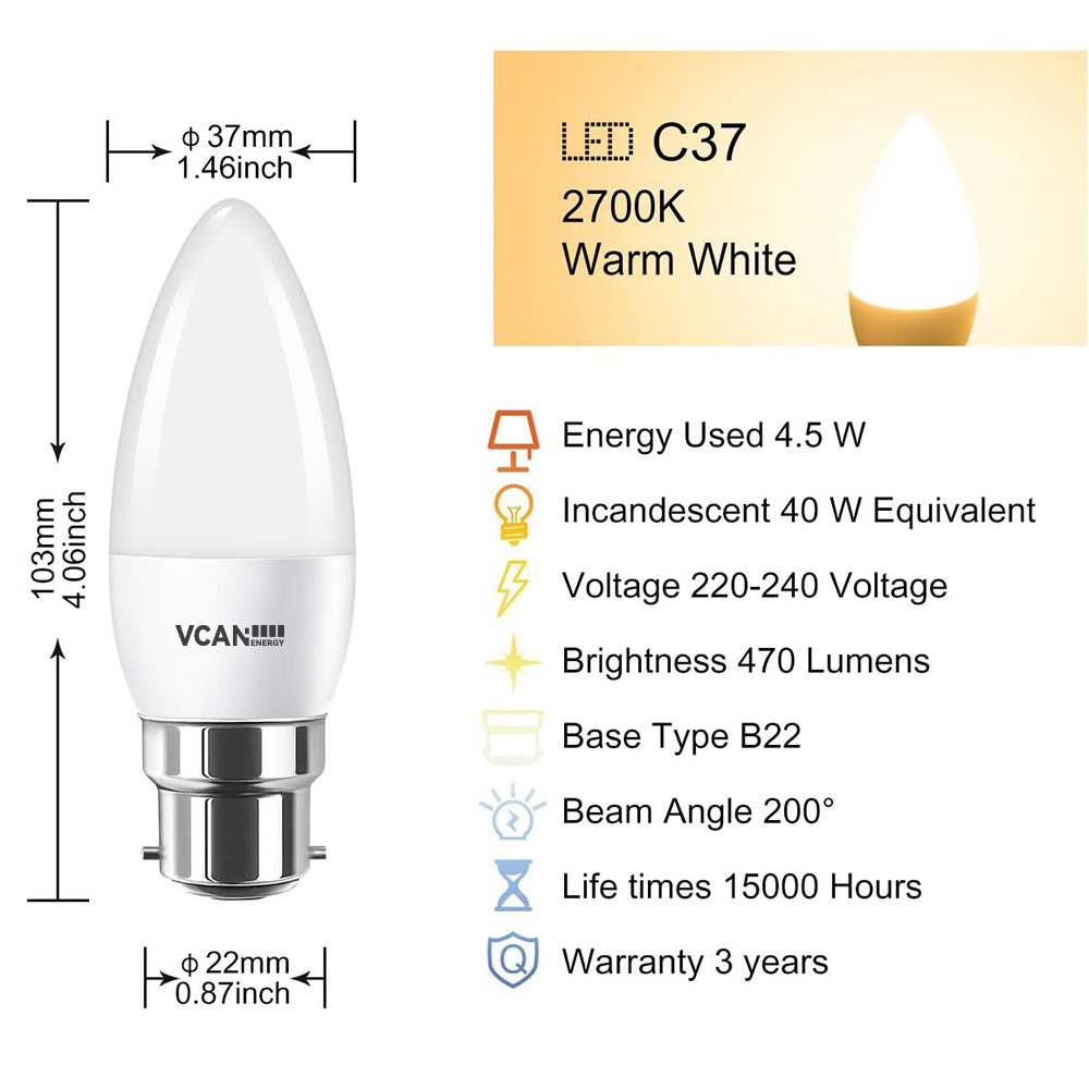 VCAN B22 Candle Bayonet 4.5W LED Bulb 40W Bulb Equivalent 6500K Cool White 470Lm 220-240V Non-Dimmable Outdoor Lights Led Bulb