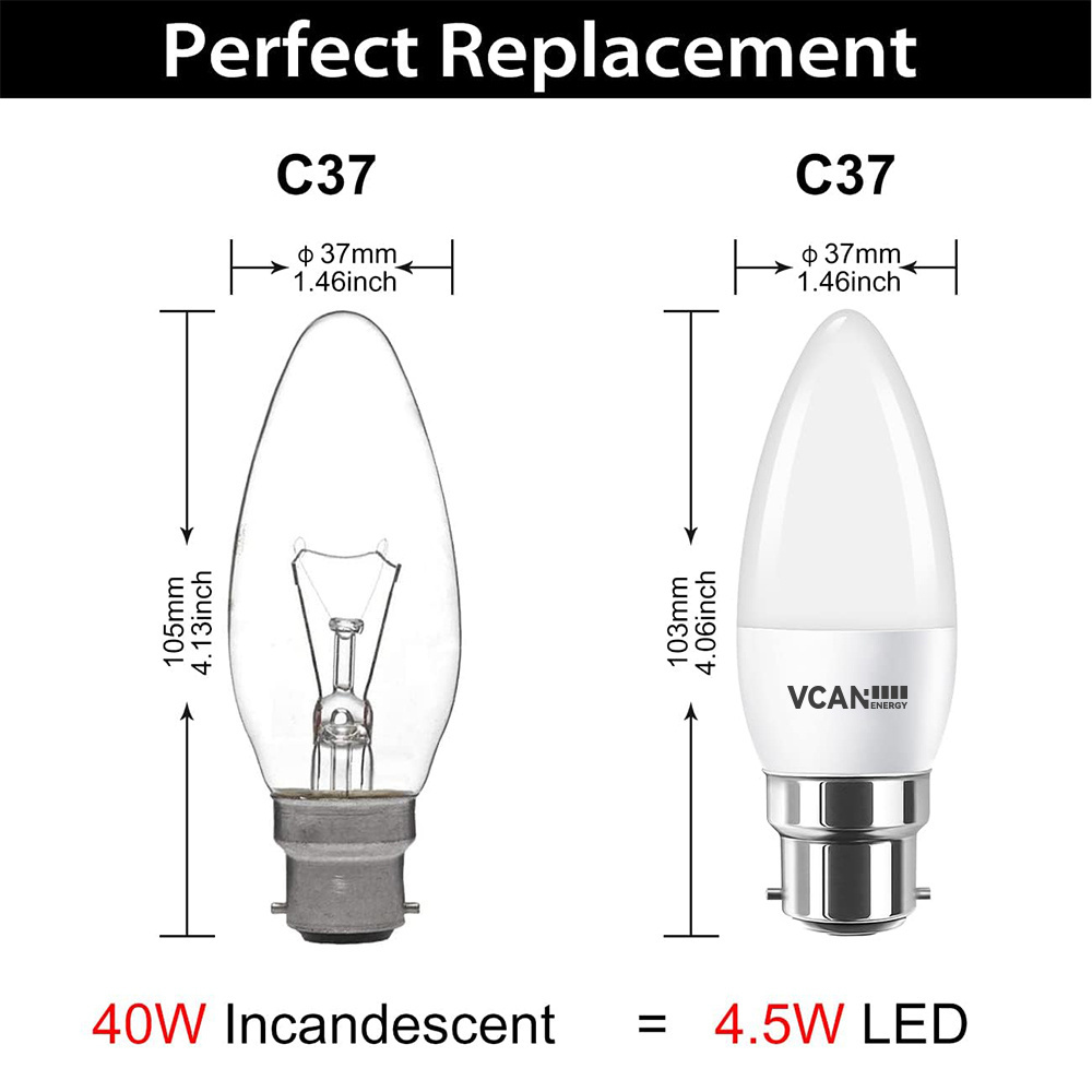 VCAN B22 Candle Bayonet 4.5W LED Bulb 40W Bulb Equivalent 6500K Cool White 470Lm 220-240V Non-Dimmable Outdoor Lights Led Bulb