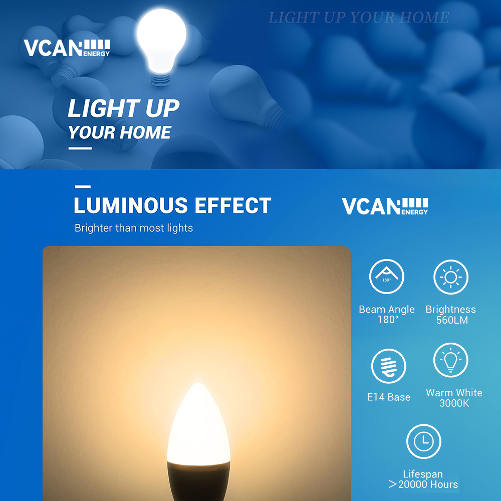 VCAN E14 LED Light Bulb Warm White 60W Equivalent 7W E14 Screw Candle Light Bulbs 3000K 560LM C37 E14 LED Candle Light Bulb