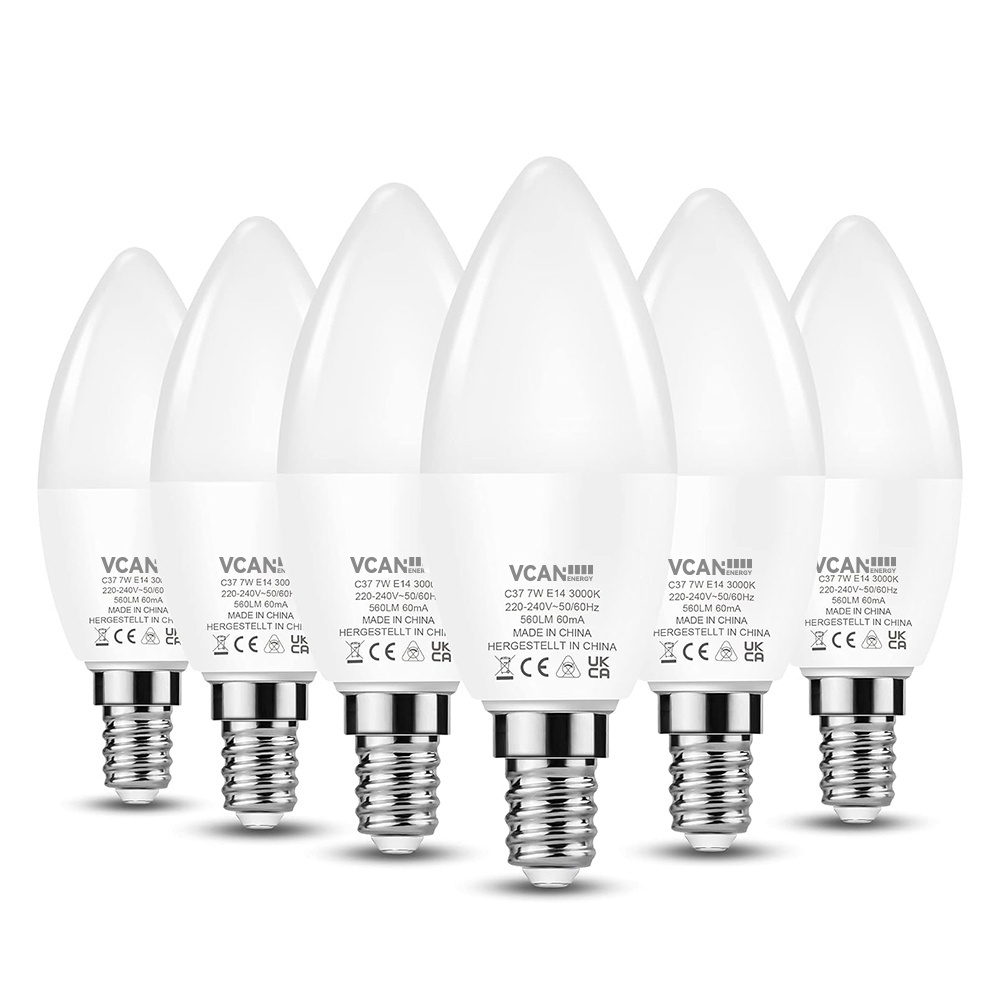 VCAN E14 LED Light Bulb Warm White 60W Equivalent 7W E14 Screw Candle Light Bulbs 3000K 560LM C37 E14 LED Candle Light Bulb