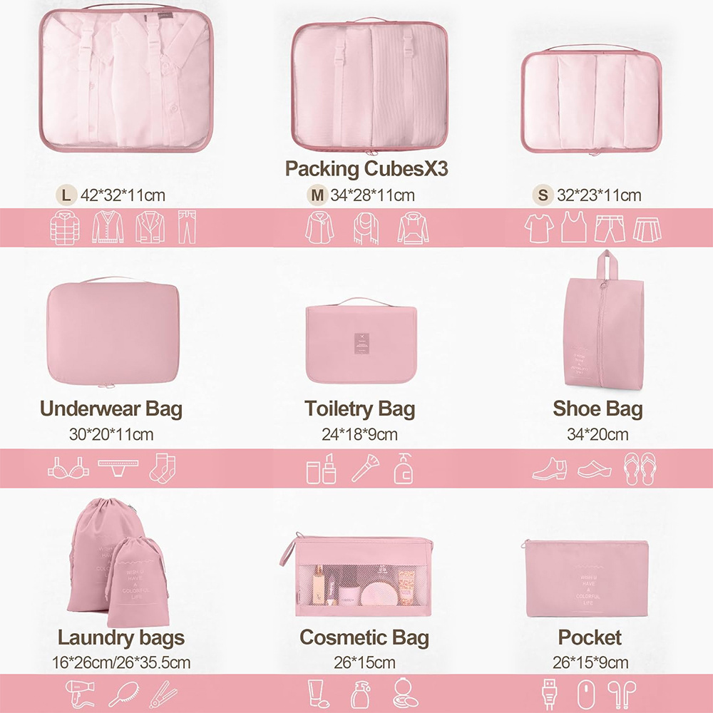 Portable10 Set Packing Pouch Cubes for Suitcases Luggage Organizers Travel Cubes with Laundry Bags/Shoe Bag/Toiletry Bag