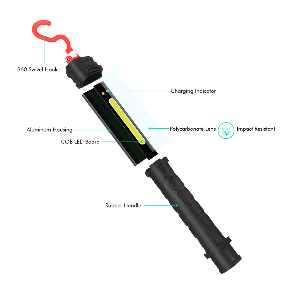 7W COB Rechargeable LED Work Light, With Magnet and Hook, Slim Roadside Underhood Inspection Rechargeable Led Work Light