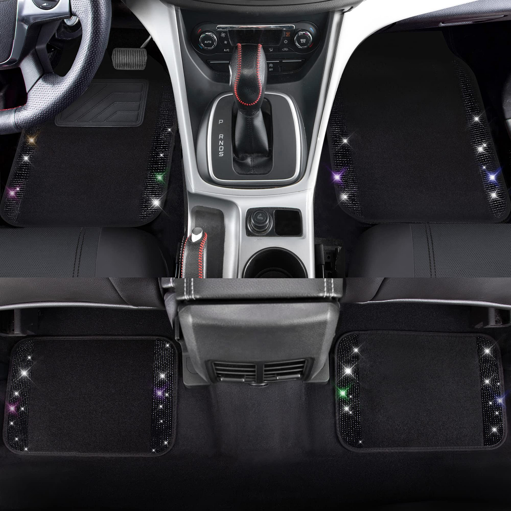 4pcs Carpet Car Mat Bling Shining Car Floor Mats Sparkly Crystal with Anti-Slip PVC Heel Pad Waterproof Car Mats