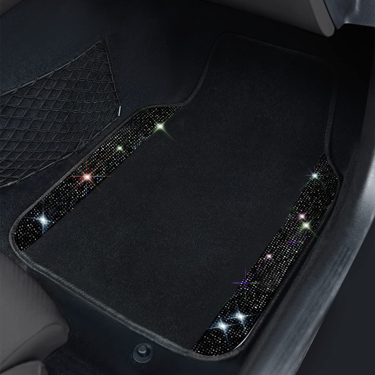 4pcs Carpet Car Mat Bling Shining Car Floor Mats Sparkly Crystal with Anti-Slip PVC Heel Pad Waterproof Car Mats