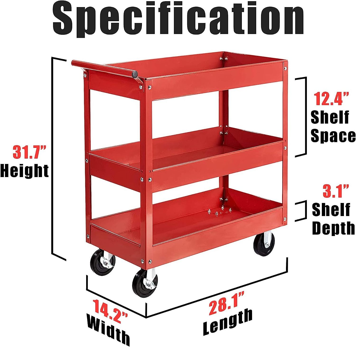 Auto Repair Tool Storage Tool Cart 3-Shelf Tool Cart with Handle and Wheels