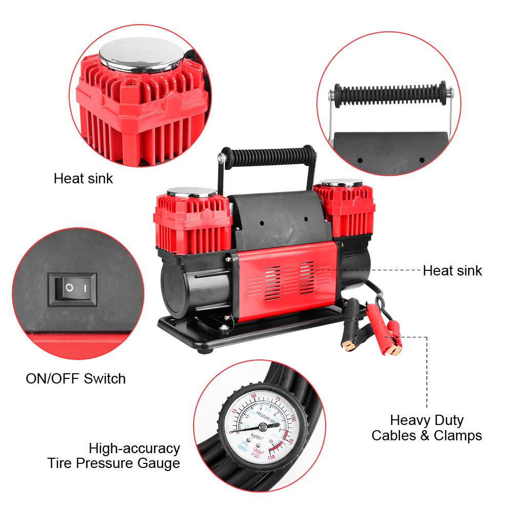 Heavy Duty Double Cylinders Trucks RVs Bikes and Cars 150 PSI Portable Air Pump 12v Car Air Compressor Portable Tire Inflator