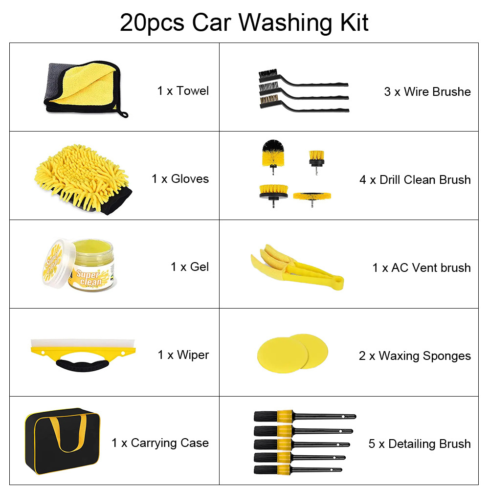 20Pcs Car Washing Brush Detailing Brush Drill Clean Brush Sets Car Detailing Products with brush, microfiber, drills