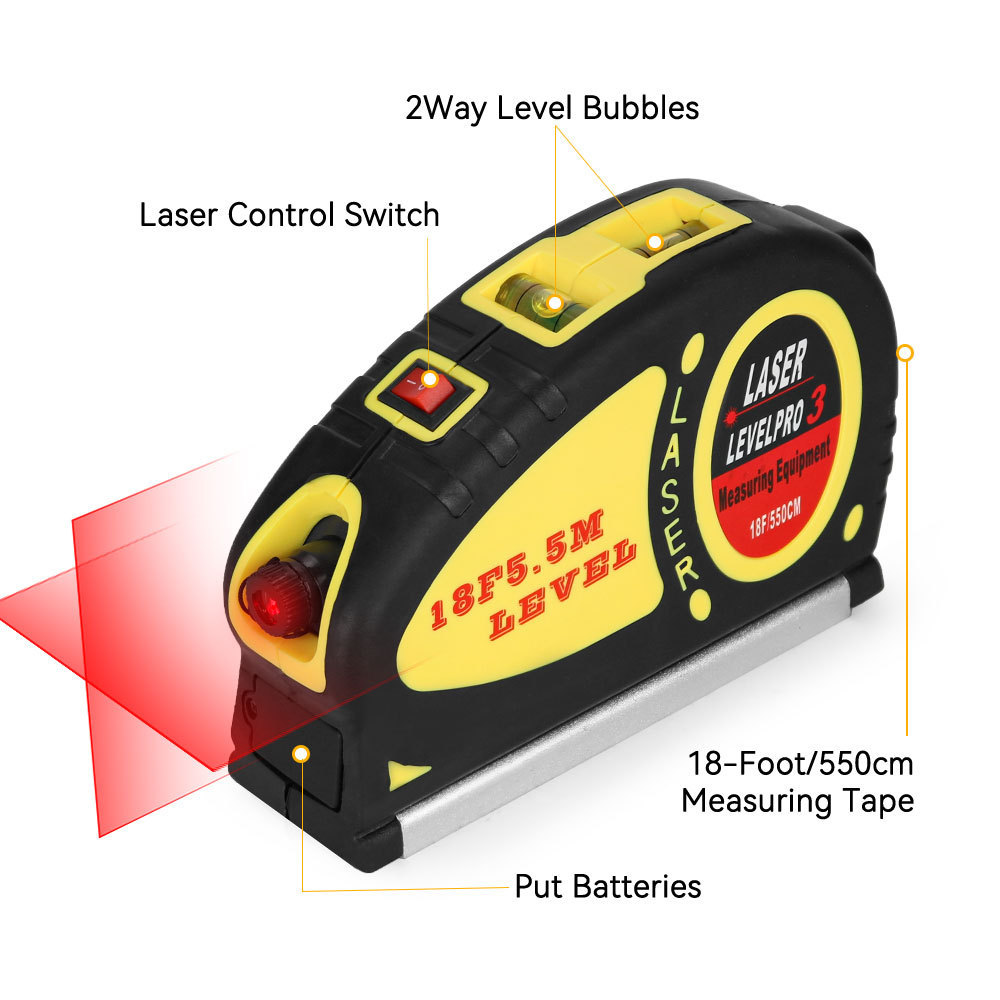 Level Pro 3 Multipurpose Standard Cross Line Laser Level 5.5M/18 Feet Measure Tape Ruler for Picture Hanging