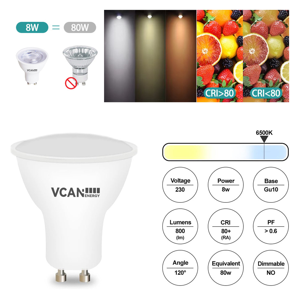 VCAN GU10 8W LED Bulbs Spotlight Bulb 640LM Super Bright Gu10 LED LED Warm White 3000K GU10 LED Light Bulbs Cheap Led Bulbs