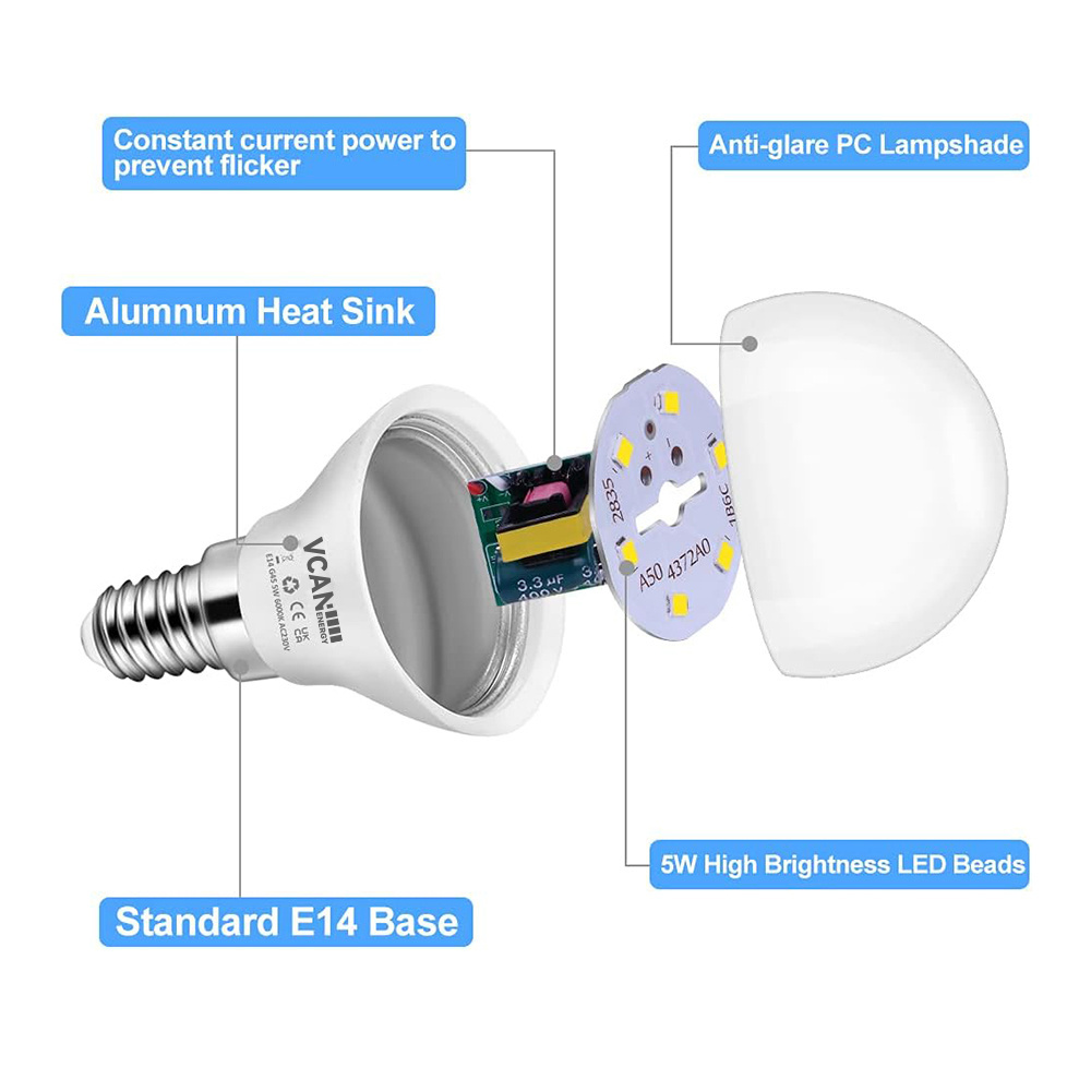 VCAN E14 Bulb 5W Warm White 3000K 450LM Large Edison Screw in Light Bulbs Non Dimmable G45 Golf Ball Energy Saving LED Bulb