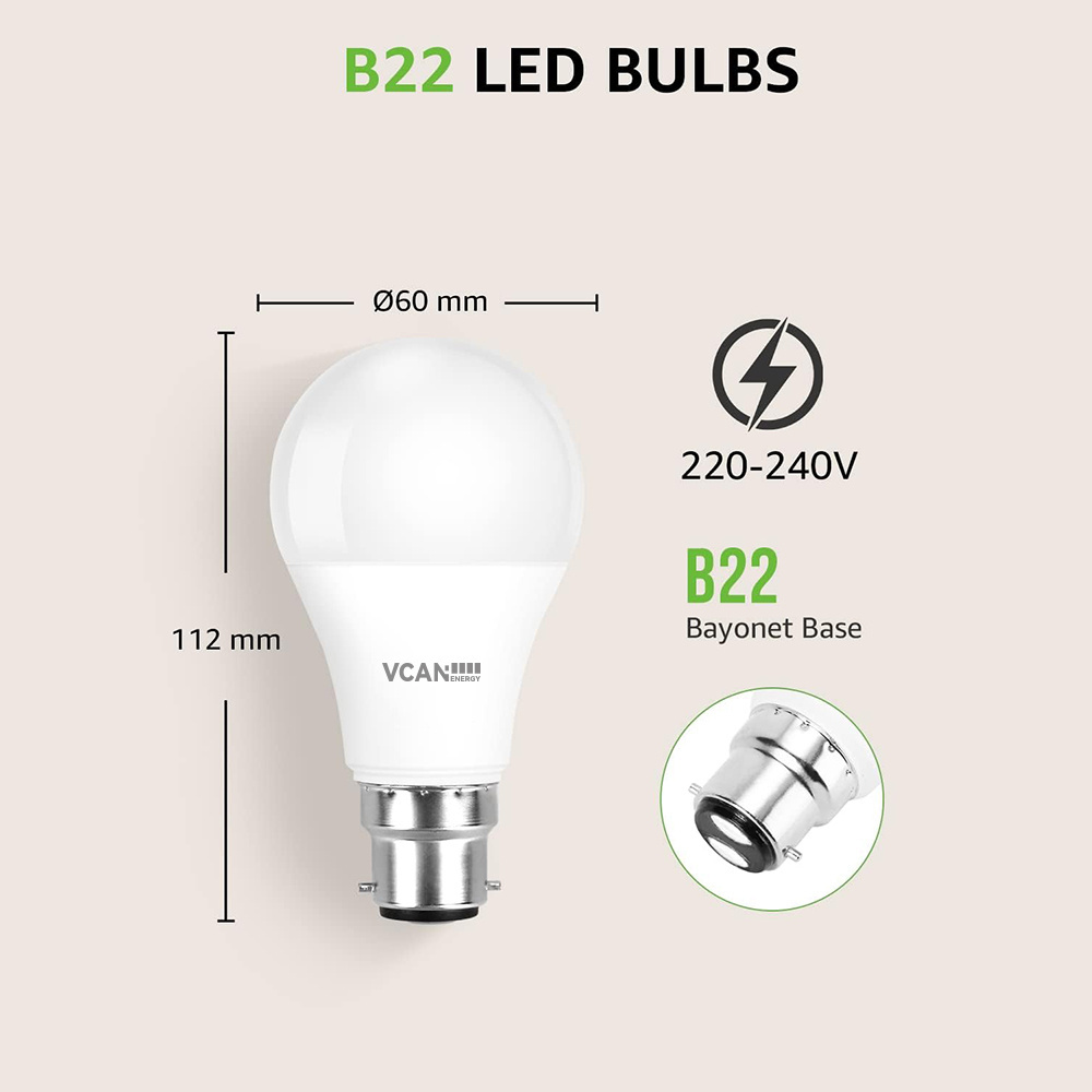 VCAN B22 Light Bulb 60W Equivalent Warm White 2700K 8.5W 806LM Outdoor Led Bulbs 220v Non-dimmable Energy Saving Light Bulbs